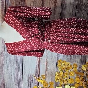 NEW WILD FABLE BURGUNDY FLORAL V NECK SHORT SLEEVE BELTED JUMPSUIT